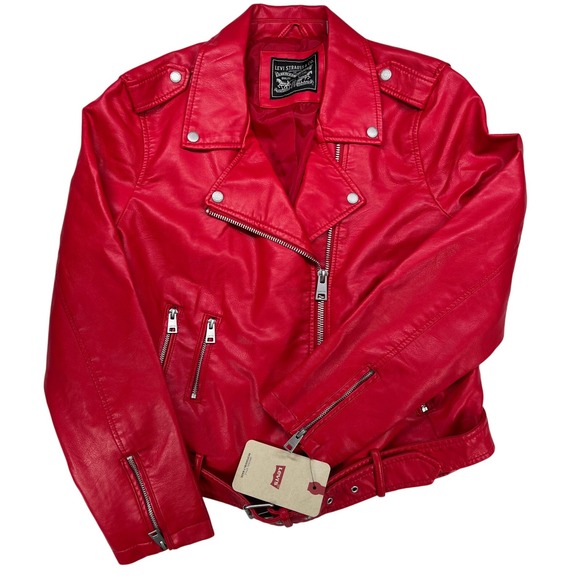 Levi Strauss & Co. Jackets & Blazers - Levi's Red Faux Leather Motorcycle Biker Jacket Women's XL Belted Zip Up